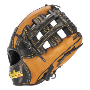 Side view of a tan and black baseball glove with yellow stitching and a Shoeless Joe logo.