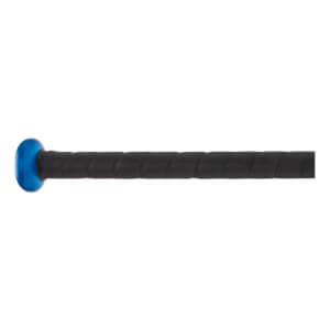 Side view of a black baseball bat with a blue end cap and textured grip.