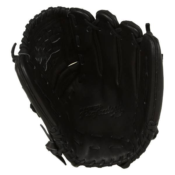 Top-down view of a black baseball glove with Pro Factory embossed on the palm and stitched finger stalls.