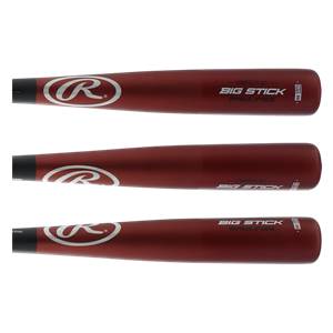Side view of a maroon baseball bat with a white Rawlings logo and BIG STICK text.