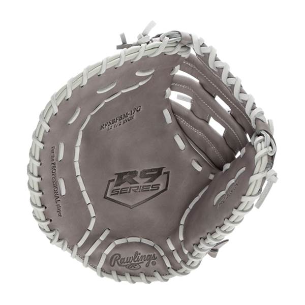 Top-down view of a gray Rawlings R9 Series first base mitt with white stitching and R9 Series logo.
