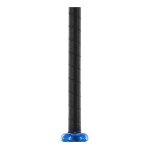 Close-up of a black tee ball bat with a blue end cap and textured grip.