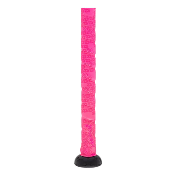 Close-up of a pink baseball bat grip with a repeating pattern and a black end cap.