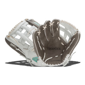 Angled front view of a dark gray and white fastpitch softball glove with FUNDAMENTAL on the palm and a teal Easton logo.