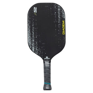 Front view of a black pickleball paddle with A52 and DIADEM branding and a textured surface.