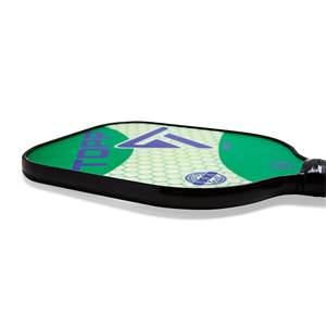 Side view of a green pickleball paddle with a hexagonal pattern and TOPP text.