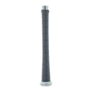 Close-up of a gray baseball bat grip with a textured pattern and a silver end cap.