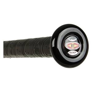 End cap view of a black baseball bat with 28 INCHES and Easton logo.