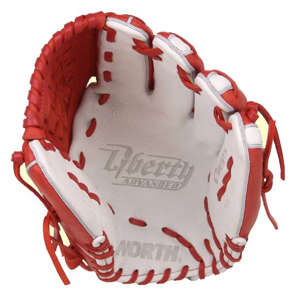 Interior view of a scarlet red baseball glove with Liberty Advanced and NORTH branding.