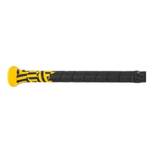 Side view of a yellow and black baseball bat with a black grip and yellow stripes.