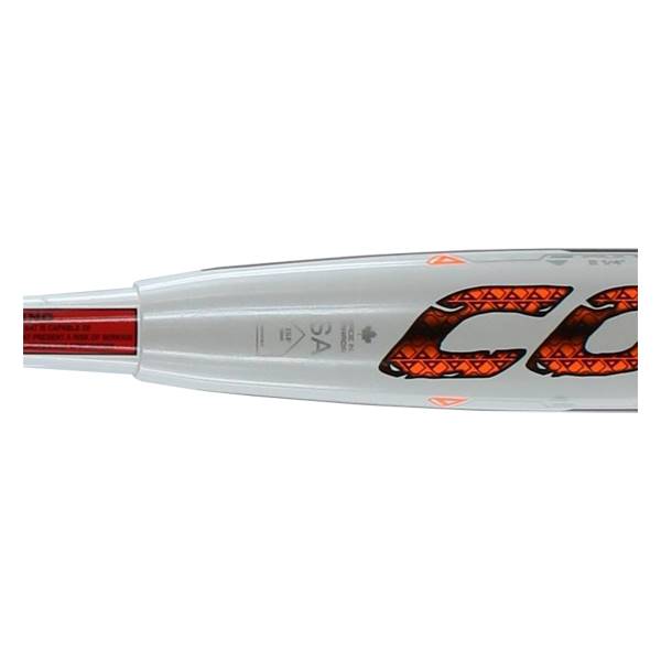 Side view of a white softball bat with orange CC logo and SA certification.