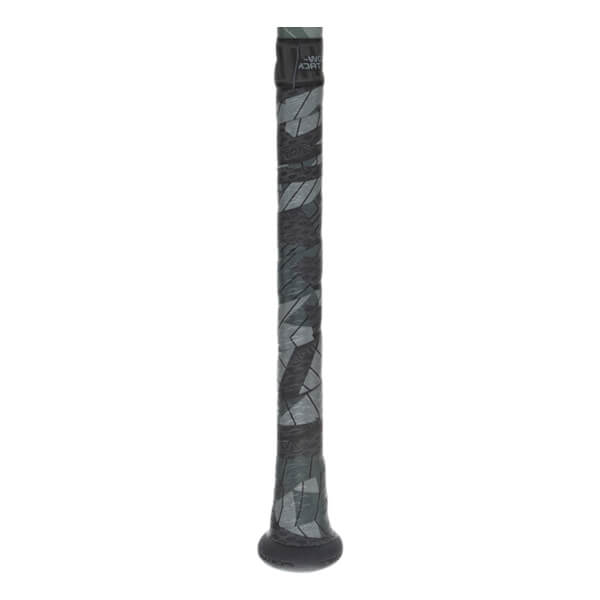 Close-up of the bat handle and knob featuring a grey and black geometric patterned grip tape and a solid black rounded knob at the base.