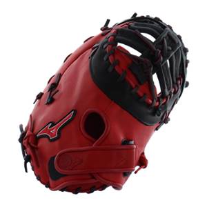 Corner view of a red and black first base mitt with Mizuno logo and black lacing.