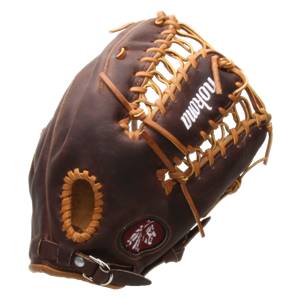 Front view of a brown baseball glove with tan lacing and a white Nokona logo.