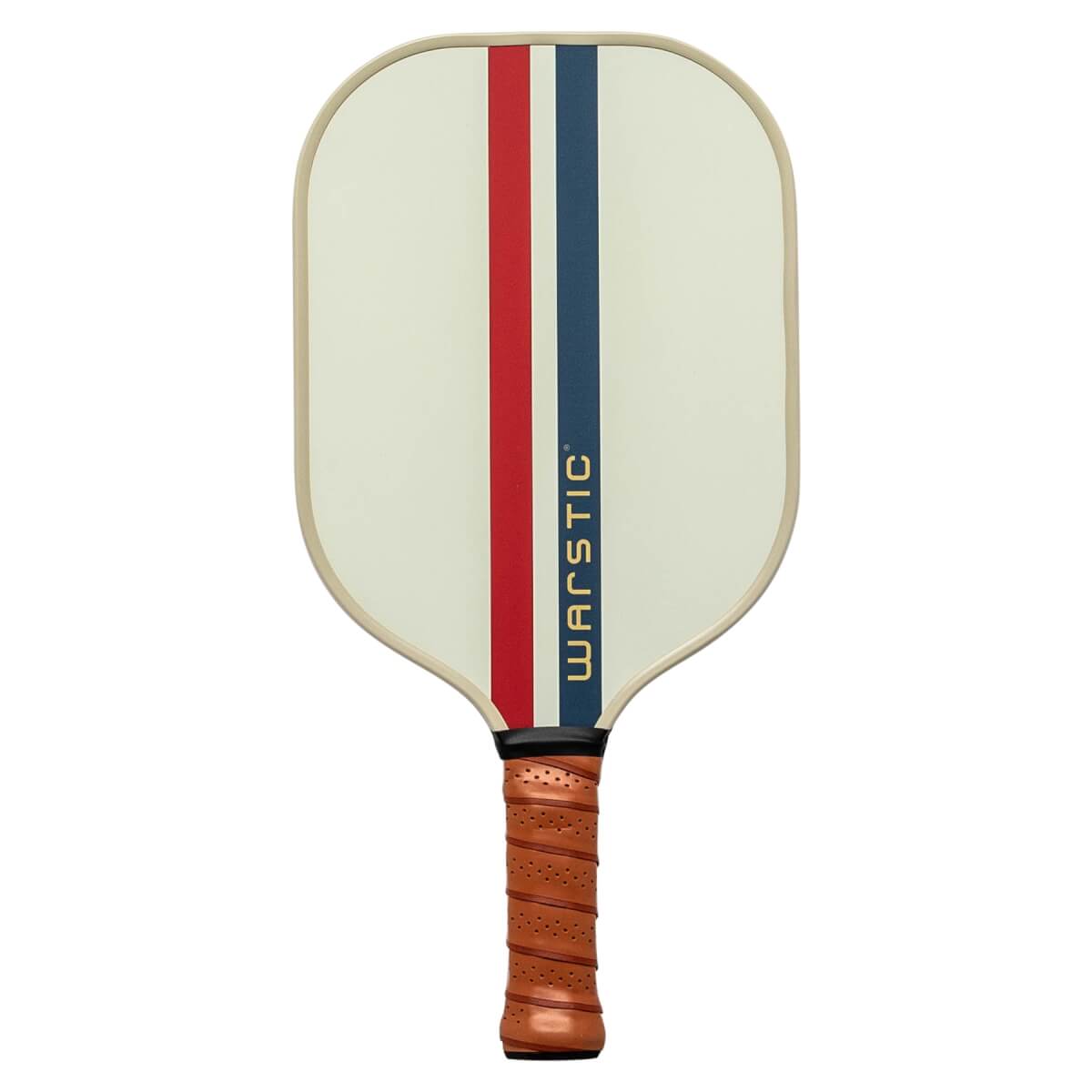 Front view of a cream pickleball paddle with red and blue stripes and WARSTIC text.