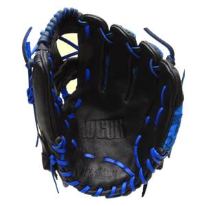 Inside view of a black baseball glove with blue stitching and ROGUE embossed on the palm.