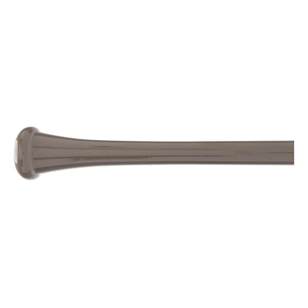 Side view of a gray baseball bat with a flared knob and grooved barrel.