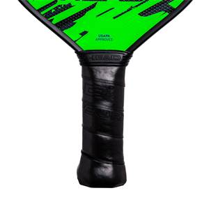 Top-down view of a green pickleball paddle with USAPA APPROVED text and a black grip.