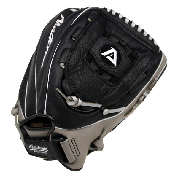 Corner view of a black baseball glove with white stitching and a gray heel.