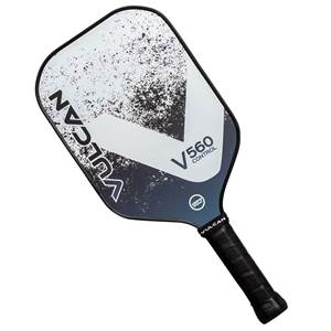 Top-down view of a white and black pickleball paddle with a V560 Control logo and Vulcan branding.