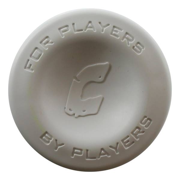Top-down view of a gray baseball bat end cap with a C logo and embossed text FOR PLAYERS BY PLAYERS.