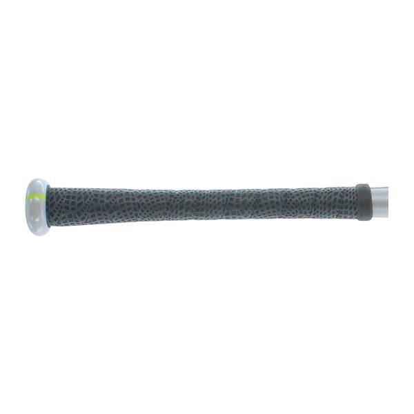 Side view of a silver baseball bat with a grey textured grip and a white end cap.