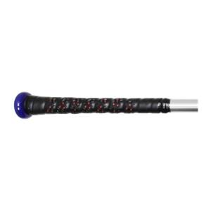 Side view of a black baseball bat with a blue end cap and red textured grip.