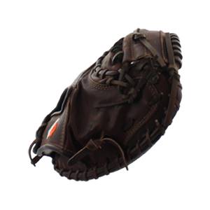Side view of a brown catchers mitt with orange and white logo and leather lacing.