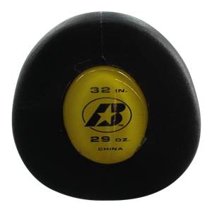 End view of a black baseball bat with a yellow cap showing 32 IN., 29 OZ., CHINA, and an AB logo.