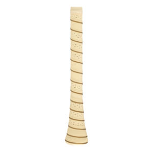 Close-up of a cream bat grip with spiraled dark tan stripes, a perforated surface, and WARSTIC text.