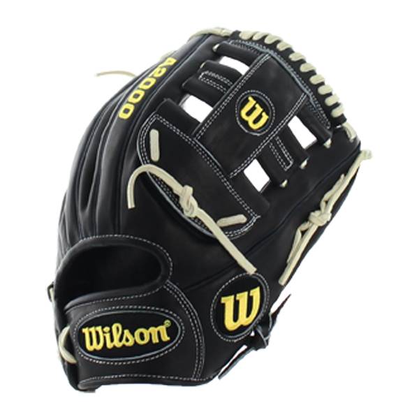Front view of a black Wilson A2000 glove with yellow stitching and A2000 and Wilson branding.