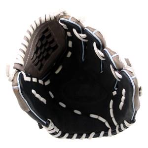 Top-down view of a black Louisville Slugger Helix Series baseball glove with white lacing and grey accents.