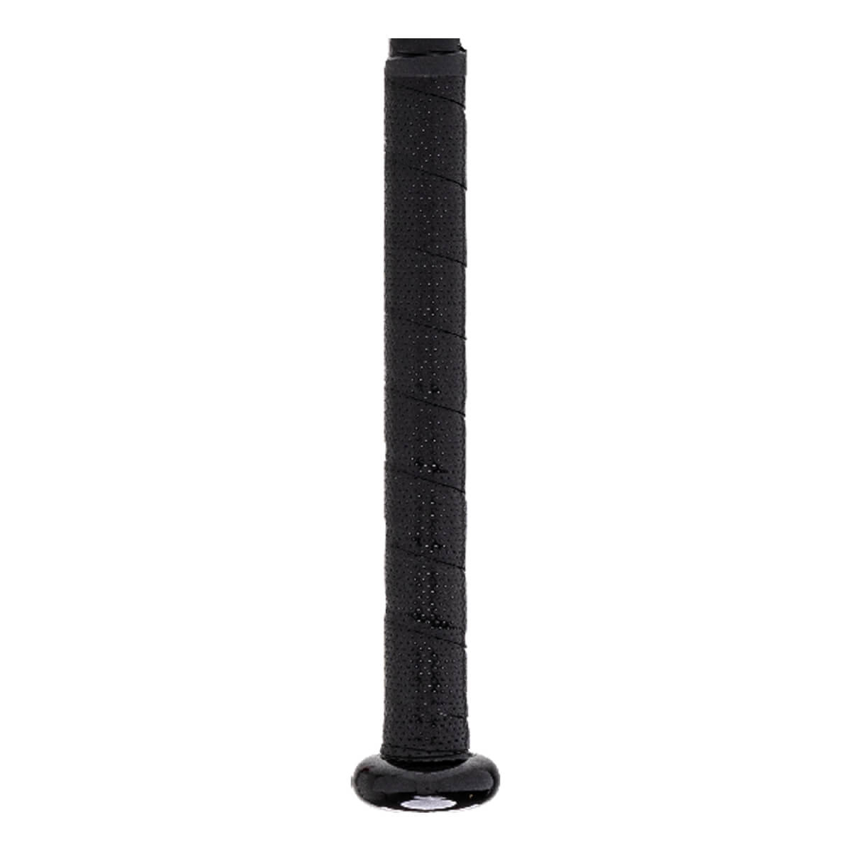 Close-up of a black baseball bat grip with a textured, perforated surface and a shiny black knob.