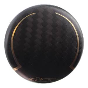 End cap view of a black Axe softball bat with carbon fiber texture and gold accents.