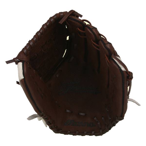 Top-down view of a brown softball glove with white accents and visible Mizuno branding.