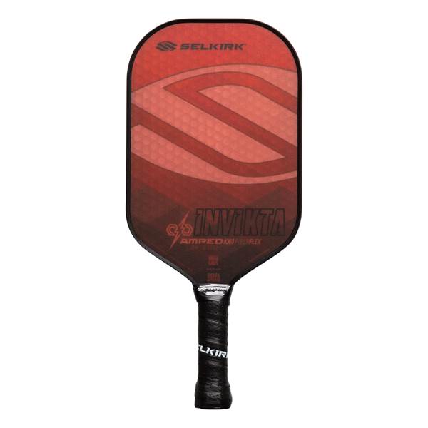 Front view of a red Selkirk Invikta pickleball paddle with a large S graphic and black grip.