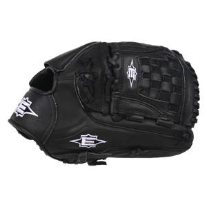 Side view of a black baseball glove with white Easton logos and a checkered web pattern.
