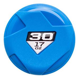 Top-down view of a blue fastpitch softball bat with a black and white emblem showing 30 and 17 oz.