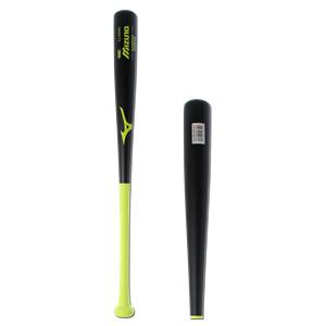 Front view of a black and lime baseball bat with Mizuno branding and a yellow bird logo.