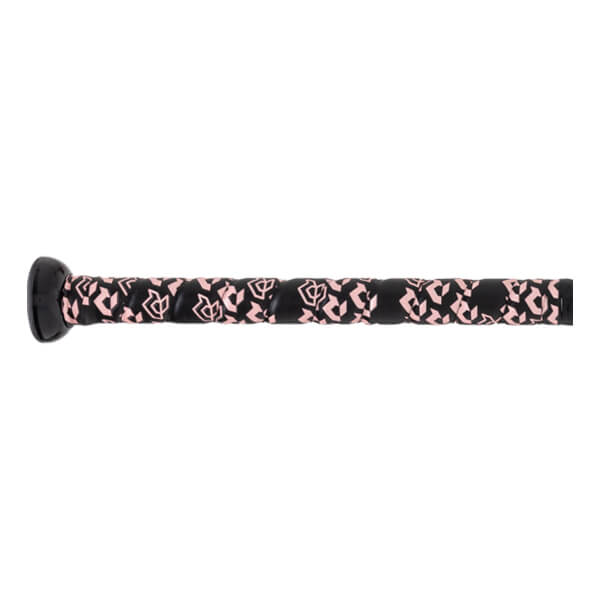 Close-up side view of a black fastpitch softball bat grip with a repeating pink D pattern and a black knob.
