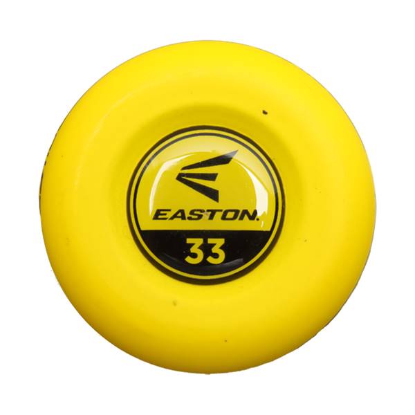 End view of a yellow baseball bat with Easton logo and 33 marking.