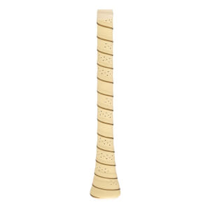 Close-up of a tan baseball bat grip with spiral dark tan stripes, perforations, and WARSTIC branding.