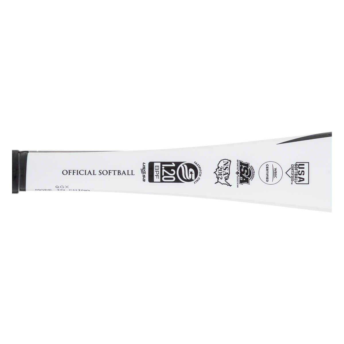 Close-up side view of a white fastpitch softball bat showing OFFICIAL SOFTBALL text, USSSA 1.20 BPF, and USA Softball certifications.