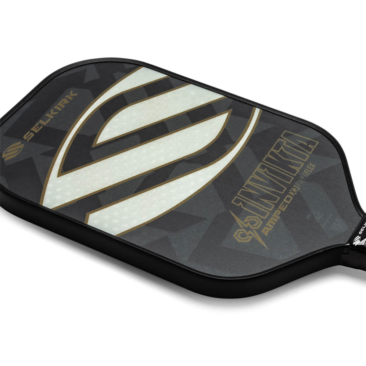 Top-down view of a black pickleball paddle with a large white S graphic and INVINKTA text.