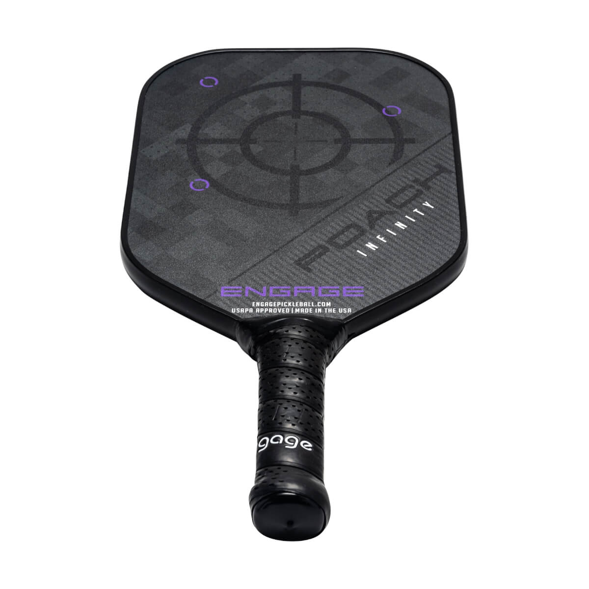 Front view of a black pickleball paddle with a target design, POACH INFINITY text, and ENGAGE logo.