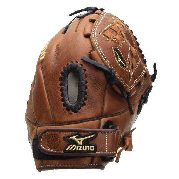 Side view of a brown Mizuno baseball glove with black lacing and a gold Mizuno logo.