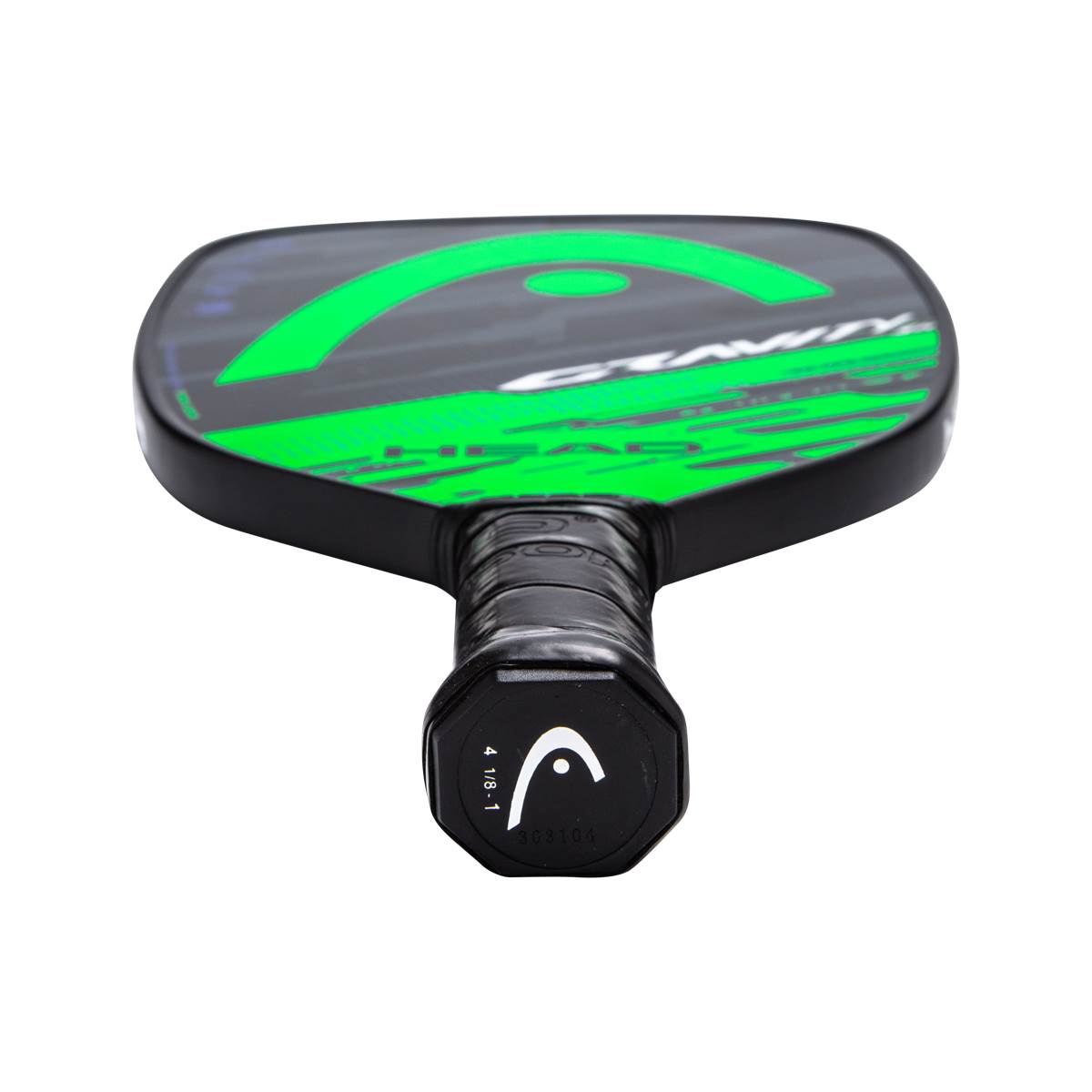 Top-down view of a black pickleball paddle with green HEAD Gravity branding and a black grip.