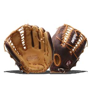 Front view of a tan and brown baseball glove with ALPHA SELECT and Nokona branding.