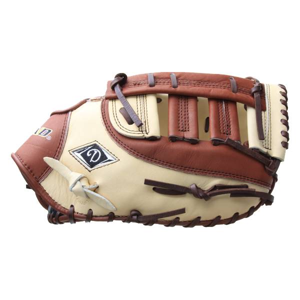 Side view of a tan and brown baseball glove with a diamond logo and stitched lacing.