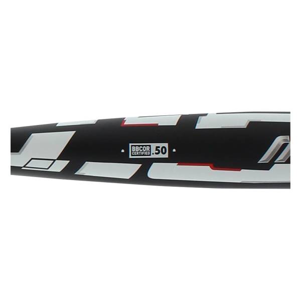 Side view of a black baseball bat with white geometric accents and BBCOR .50 certification.
